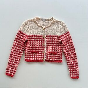 J.Crew Red Ivory Textured Crochet Lady Jacket Cardigan Preppy Womens Size Small